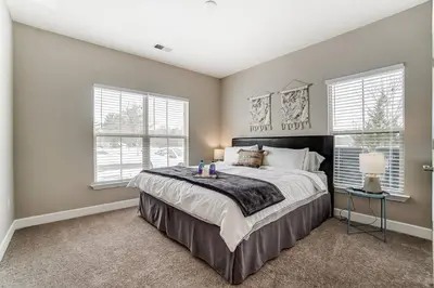 a bedroom with a large bed and two windows at Paws Of Polaris 2BR 1st Floor Walk-In Shower in Westerville