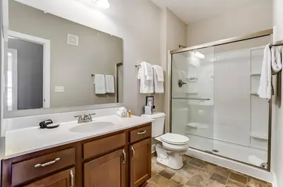 a bathroom with a toilet and a sink and a shower at Paws Of Polaris 2BR 1st Floor Walk-In Shower in Westerville