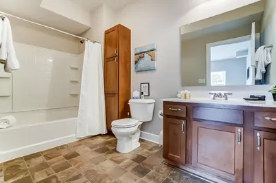 a bathroom with a toilet and a tub and a sink at Paws Of Polaris 2BR 1st Floor Walk-In Shower in Westerville