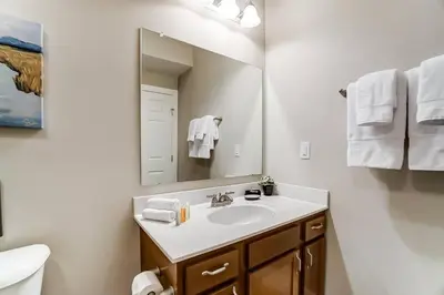 a bathroom with a sink and a mirror at Paws Of Polaris 2BR 1st Floor Walk-In Shower in Westerville
