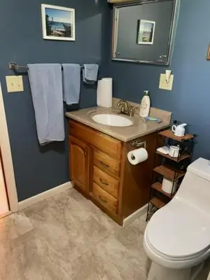 a bathroom with a sink and a toilet at Country suite with bath and laundry in Athens