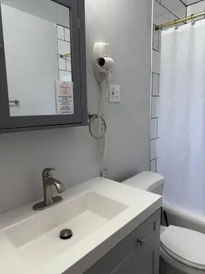 a bathroom with a sink and a toilet and a mirror at Super close to Cleveland Clinic Fairview Colibri in Cleveland