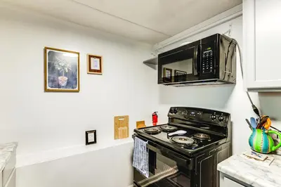 a kitchen with a stove and a microwave at 7 Mi to Dtwn Charming Couples Cove in Cincinnati in Cincinnati