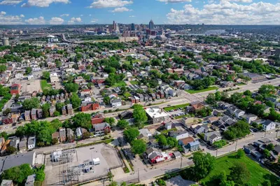 an aerial view of a city with buildings at Lee Street Lodge - Minutes from DT in Covington