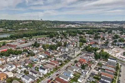 an overhead view of a city with buildings and roads at Historic Ludlow Suites - 2 Apts in Ludlow