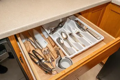 a drawer filled with utensils in a kitchen at Hackberry Retreat 1 Close to Downtown in Cincinnati