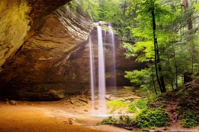 a waterfall in the middle of a forest at Mill Haus in South Bloomingville