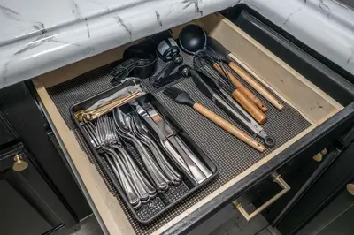 a drawer filled with cooking utensils in a drawer at Chic Modern Gem with Style in Cincinnati