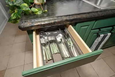 a box full of utensils sitting under a kitchen counter at Chic Modern Gem with Style Suites in Cincinnati