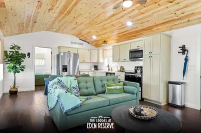a living room with a couch and a kitchen at The Lodges at Eden Reserve - Cabin Loop - Near Ark in Williamstown