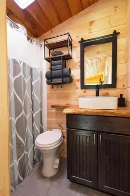 a bathroom with a toilet and a sink and a mirror at Floating Tiny Home #1 in Vermilion