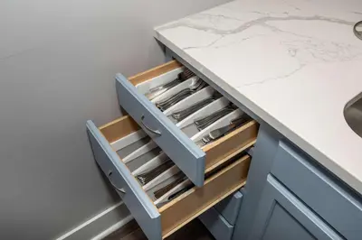 a drawer in a kitchen with a desk at Heart of Mainstrasse 2 in Covington