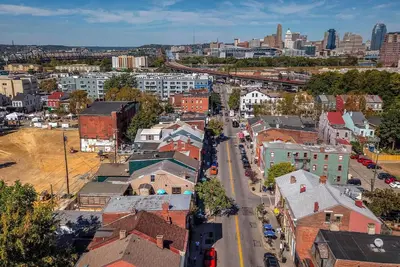an aerial view of a city with a street at Heart of Mainstrasse 4 in Covington