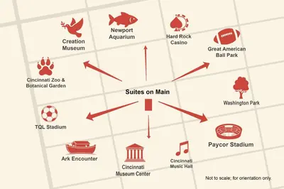 a map of the sites on the mainichi shichiichiichiichiichi museum at Suites on Main 1 in Covington