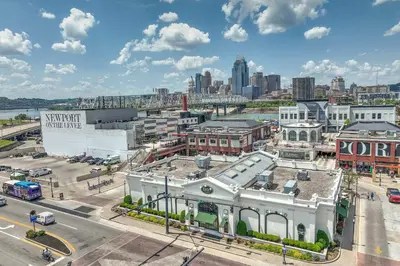 an aerial view of a city with a building at Monmouth Loft 3 - Heart of Newport in Newport