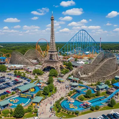 an aerial view of a theme park with the eiffel tower at Lark Meadow Retreat Sleeps 10 in Mason