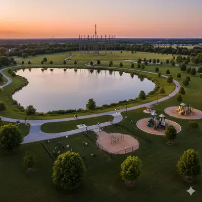 an aerial view of a park with a lake at Lark Meadow Retreat Sleeps 10 in Mason