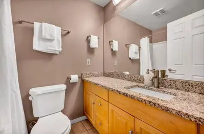 a bathroom with a toilet and a sink and a mirror at 1Br in Heart of Downtown, Sauna, Prime Location in Cleveland