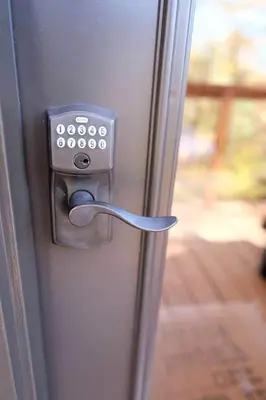 a close up of a door with a lock at Lakeview Cabin by Tappan Lake, Perfect for Groups with Hot-Tub in Ohio in Deersville
