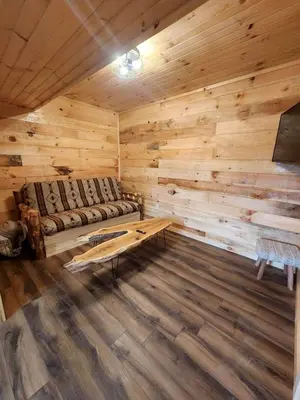 a room with a couch and a coffee table in a log cabin at Lakeview Cabin by Tappan Lake, Perfect for Groups with Hot-Tub in Ohio in Deersville