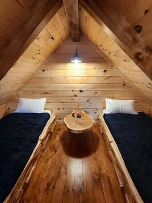 a room with two beds and a table in a cabin at Pet-Friendly Tree Cabin by Tappan Lake with Lofted Space in Ohio in Deersville
