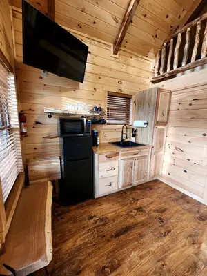 a kitchen with a black refrigerator and a sink at Pet-Friendly Tree Cabin by Tappan Lake with Lofted Space in Ohio in Deersville