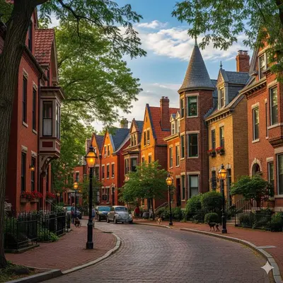 a cobblestone street in a town with buildings at Tibet Twins 1 Cozy Stay for 6 in Columbus