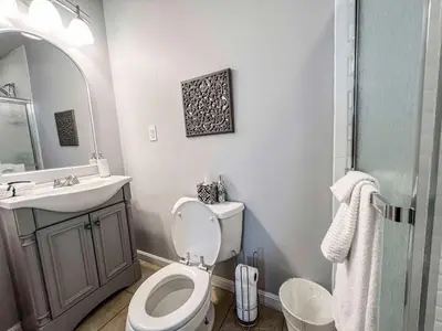 a bathroom with a toilet and a sink and a mirror at Walkable and Central with 1st flr bedroom and bathroom in Cincinnati