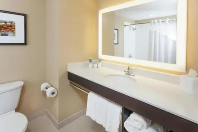 a bathroom with a sink and a toilet and a mirror at Holiday Inn Express & Suites Sandusky by IHG in Sandusky