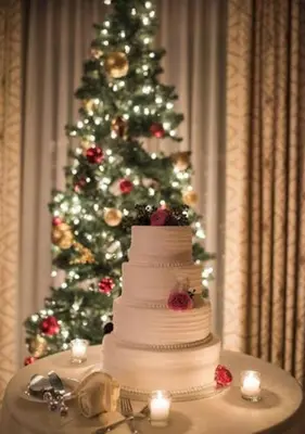 a white wedding cake with a christmas tree in the background at Granville Inn in Granville