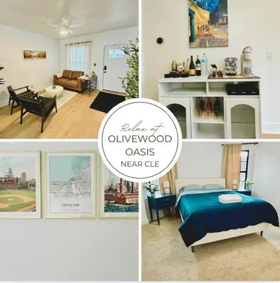 a collage of photos of a bedroom and a living room at Luxury Olivewood Oasis - 13 mins to Cleveland in Lakewood