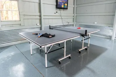 a ping pong table in a room with a tv at Havenbrook-Hocking Hills Luxury, 10 Acres, Hot Tub in New Plymouth