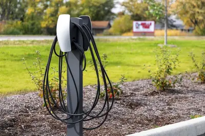 a cell phone on a pole in a garden at Home2 Suites By Hilton Muncie in Muncie