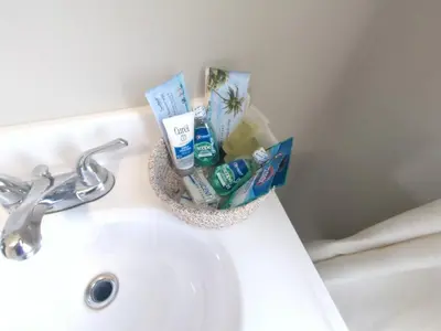 a bathroom sink with toothbrushes and toothpaste at Country Charm on the Sandusky Live Music Nearby in Fremont