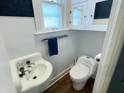 a white bathroom with a toilet and a sink at Fiesinger House - Entire Historic Home, Downtown Sandusky in Sandusky