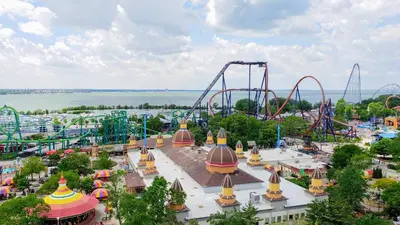 an aerial view of an amusement park with a roller coaster at Fiesinger House - Entire Historic Home, Downtown Sandusky in Sandusky