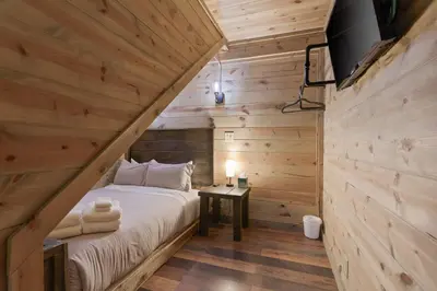 a bedroom in a log cabin with a bed and a television at Serenity Ridge 6 Br Sleeps 16 Pool Hot Tub in Creola