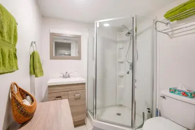 a bathroom with a shower and a sink at 1 Mi to Burr Oak Lake Cozy Family Home! in Corning