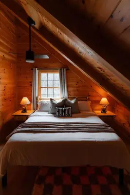 a bedroom with a bed in a log cabin at Sleeps 16 Luxury Cabin with Game Room & Hot Tub in Logan