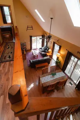 an overhead view of a living room with a couch at Cheerful Two Bdrm Cabin with Hot Tub & Pet Friendly in Rockbridge