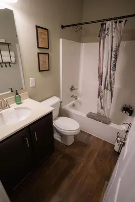 a bathroom with a toilet and a tub and a sink at Modern 2 BD cabin with hot tub & Games & Central Loc in Rockbridge