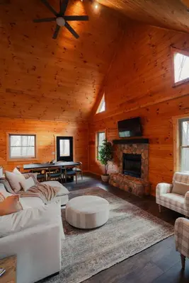 a living room with a couch and a fireplace at Memories at Hillside A Modern Cabin Hocking Hills in McArthur