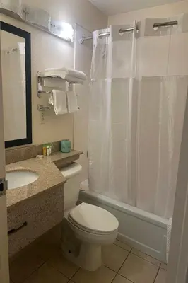 a bathroom with a toilet and a shower and a sink at Hotel Inn Columbus in Columbus