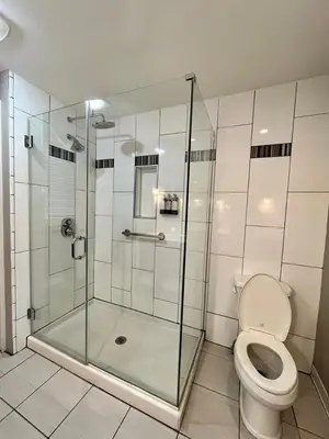 a bathroom with a glass shower and a toilet at Bexley Bed and Breakfast in Columbus
