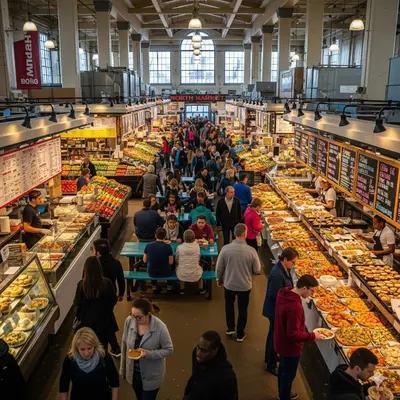 a group of people walking around a food market at The StayBerry - Stay for 6 in Columbus