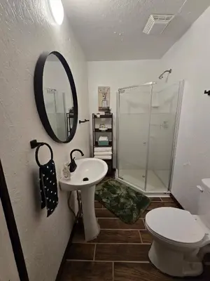 a bathroom with a shower and a sink and a toilet at River's Rest on Hocking River in Coolville