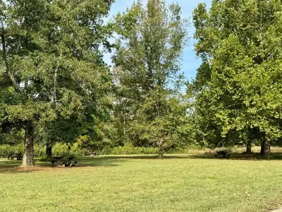 a park with trees and benches in the grass at River's Rest on Hocking River in Coolville