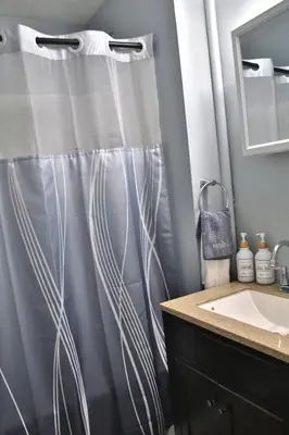 a bathroom with a shower curtain and a sink at Lakewood Entire Home! Sleeps 10! in Lakewood