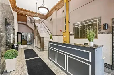 a garage with a black counter in a building at Pink playhouse sq near Progressive field & CSU in Cleveland