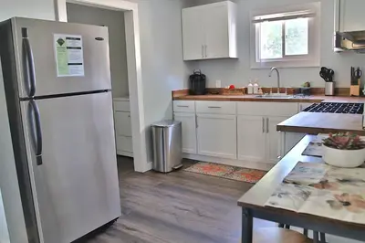 a kitchen with a stainless steel refrigerator and a sink at The Ultimate Lakewood Retreat! in Lakewood
